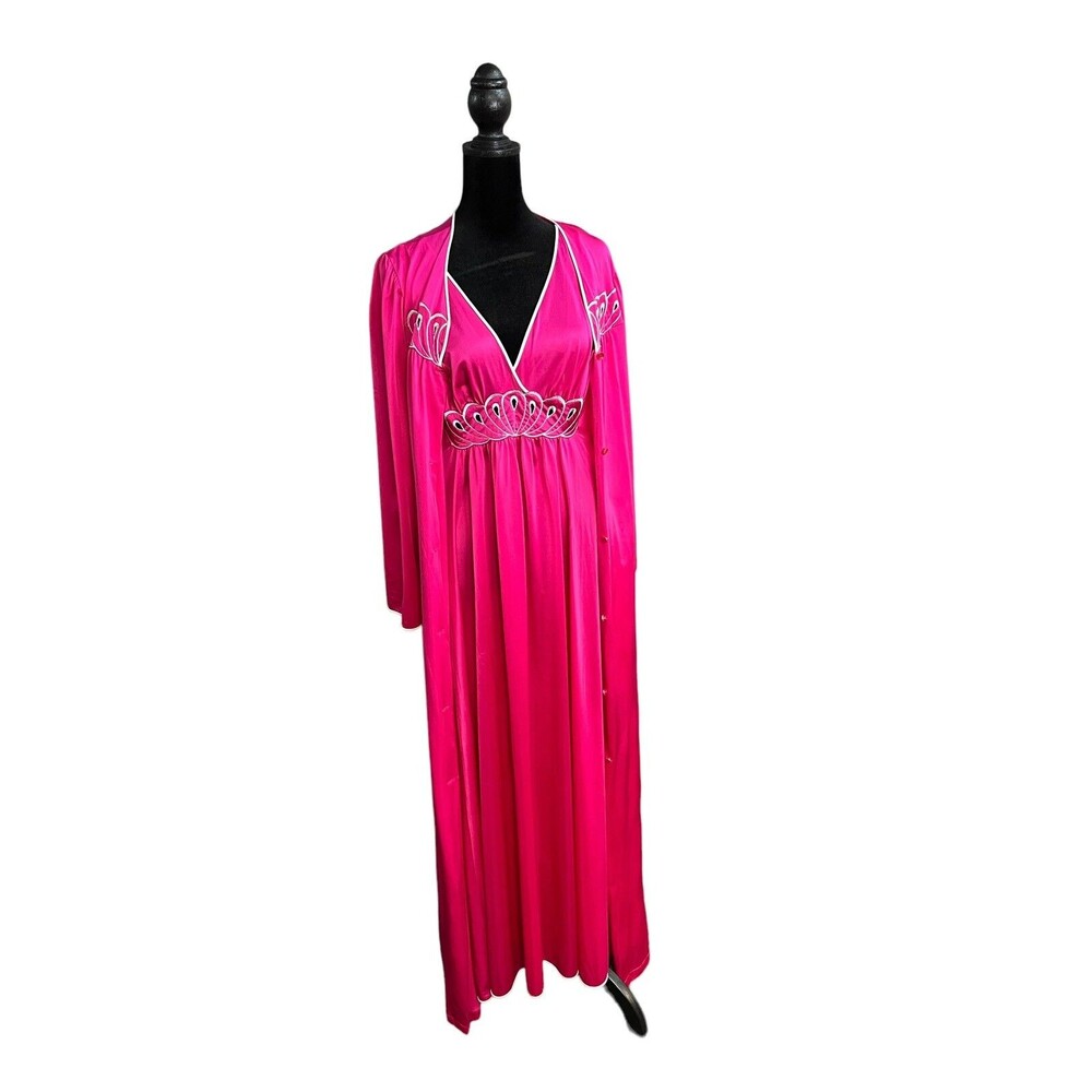 Vintage Pink Shadowline Nylon Nightgown Peignoir Robe Nightie Slip Set STUNNING